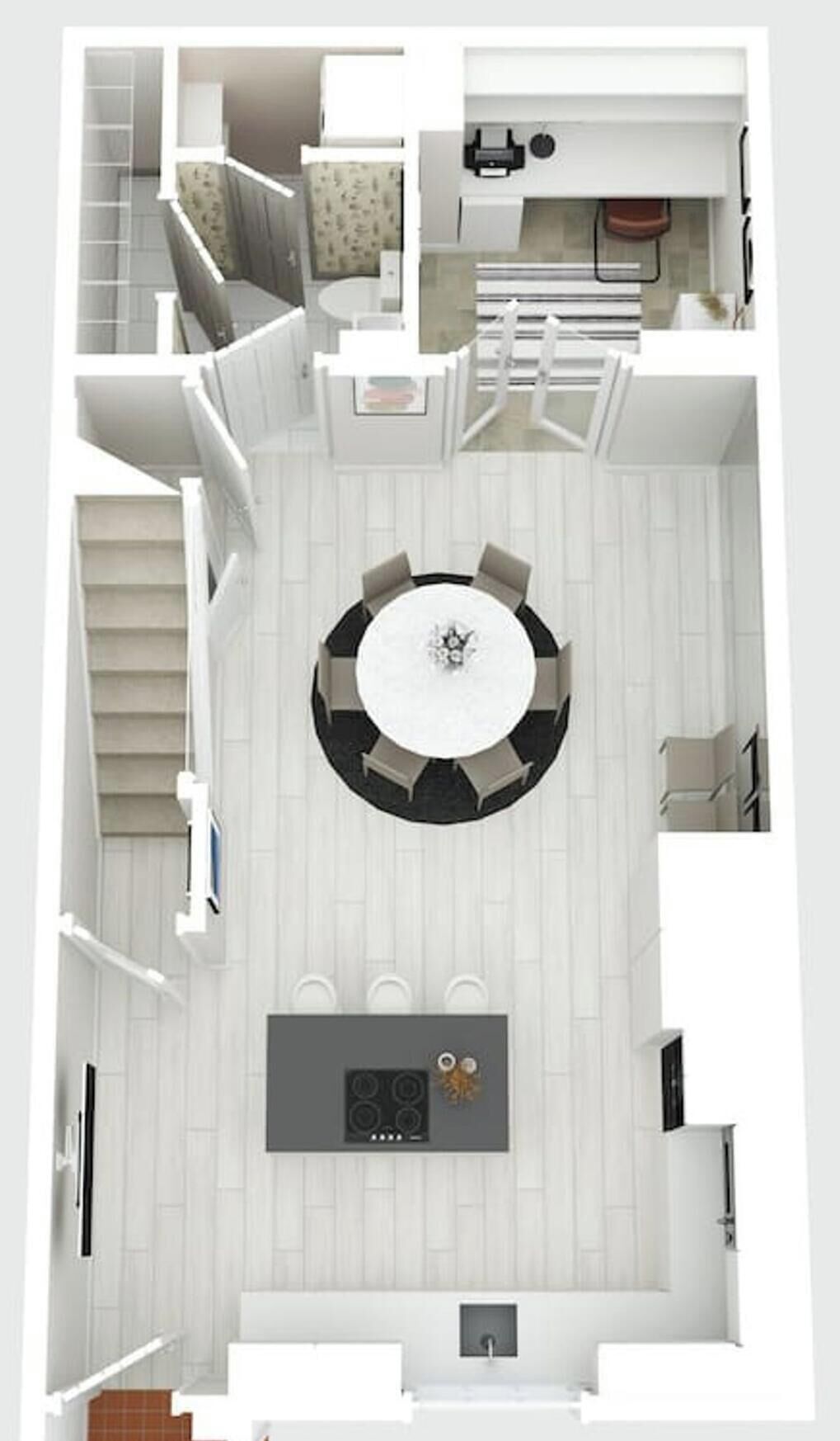 Ein modernes Apartment mit einer zentralen Essecke, einer Küche und einer Treppe, die zu einer oberen Etage führt.