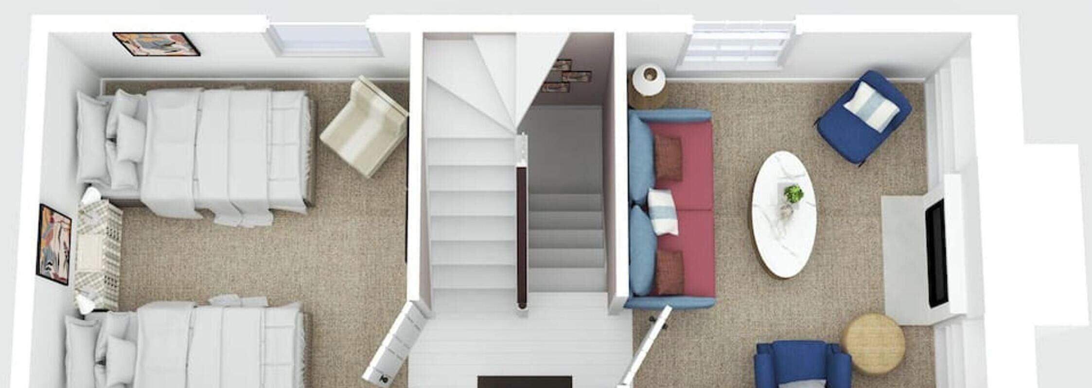 A two-bedroom apartment with a staircase, a living area with a sofa and coffee table, and a separate bedroom with a bed.