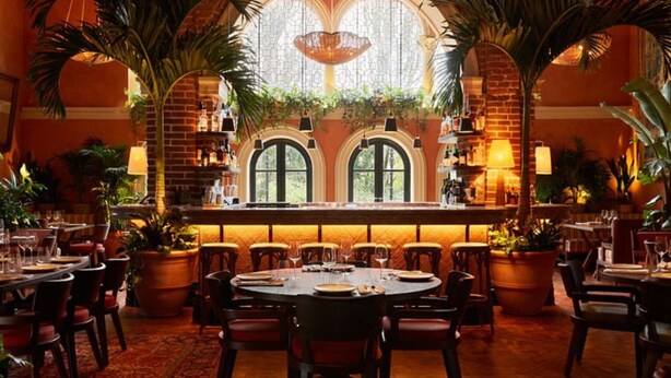 Un restaurante con mesas redondas, sillas y plantas en macetas.