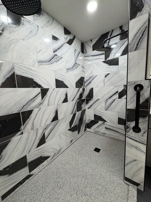 Shower, hair dryer, bidet, towels