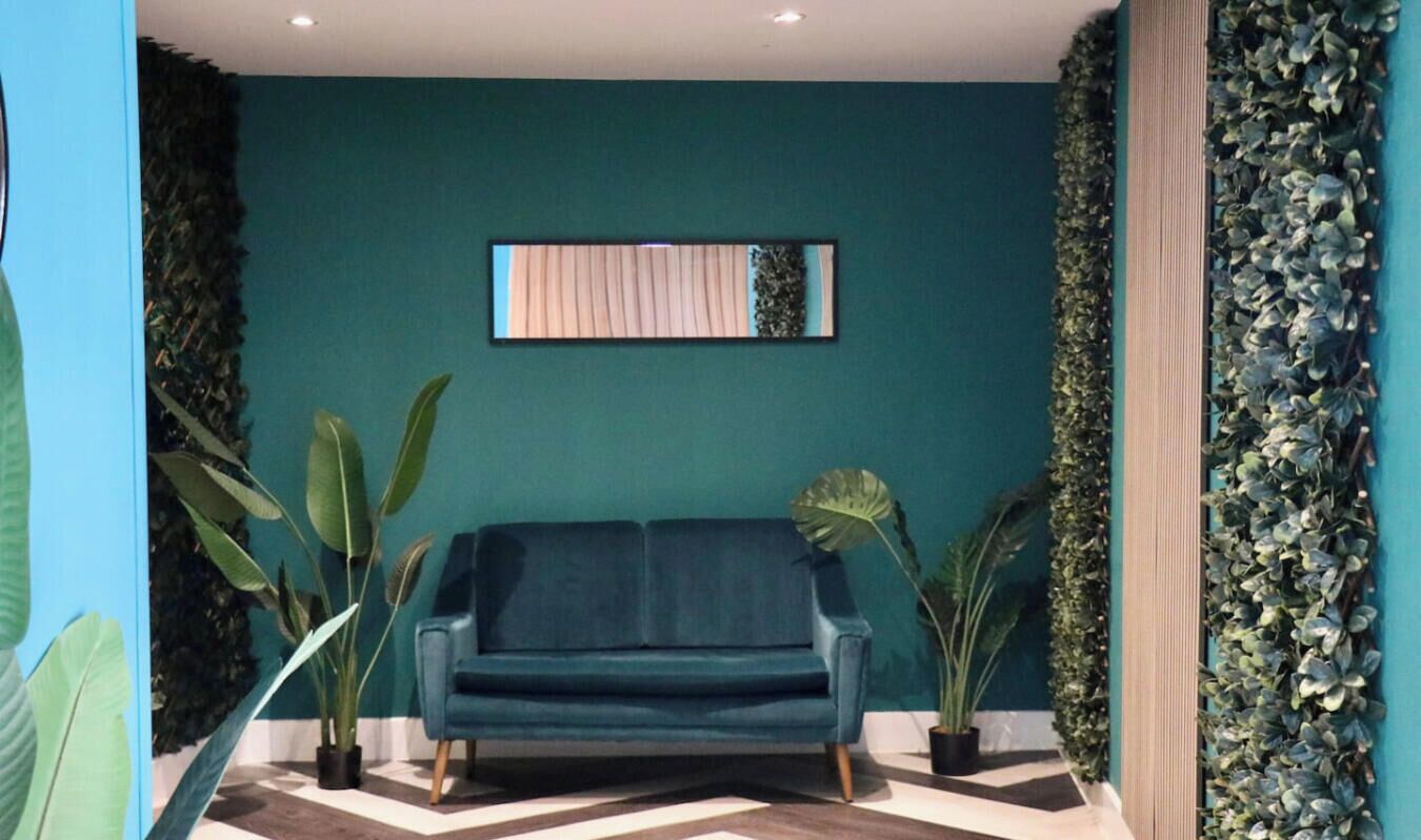 Un canapé de couleur turquoise dans une pièce dont un mur est vert, avec une plante en pot et un miroir décoratif.