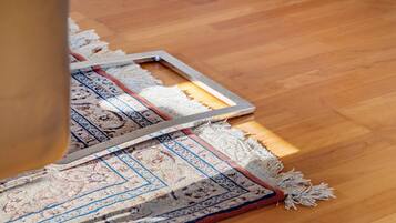 A wooden floor with a patterned rug and a metal frame.