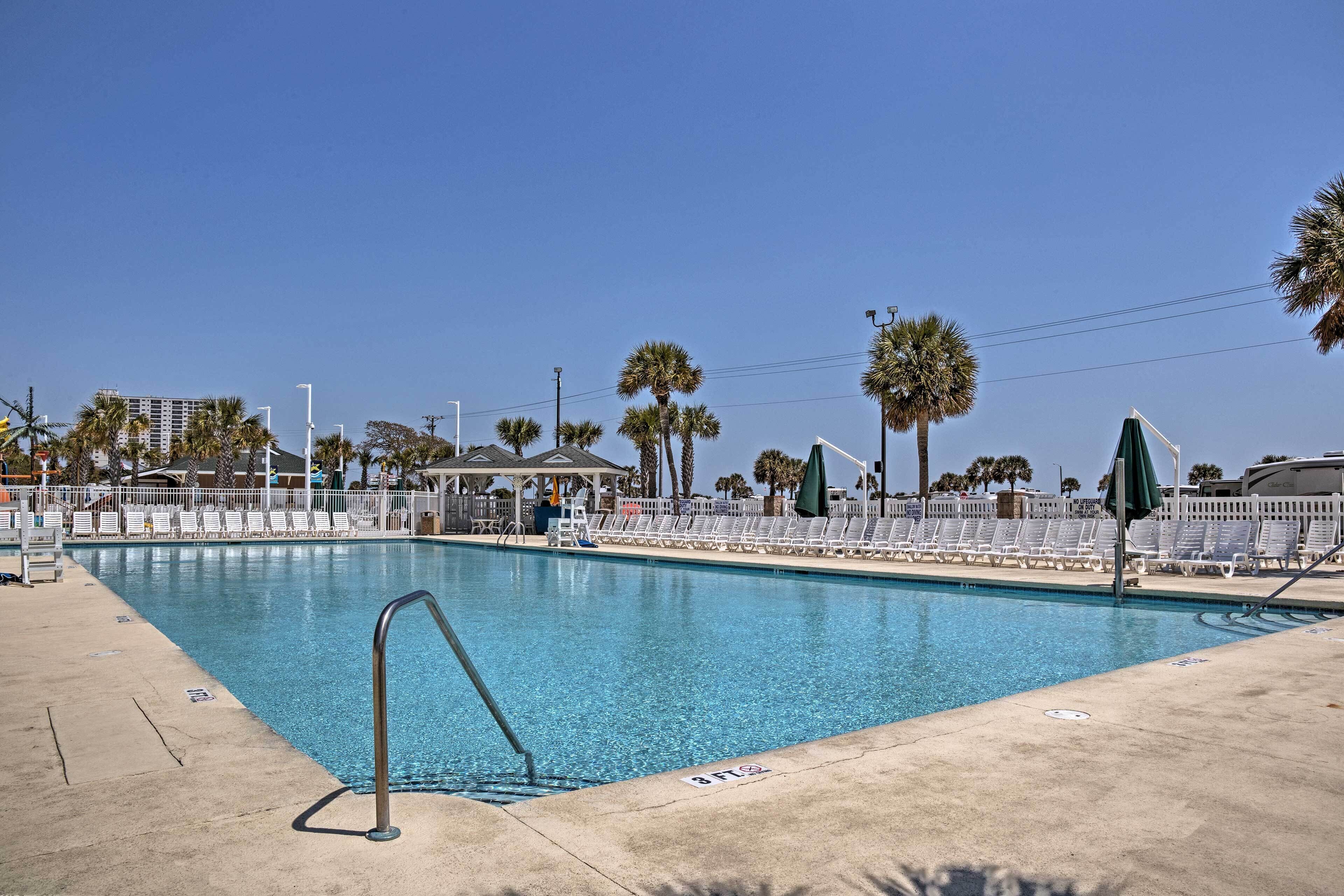 A swimming pool with lounge chairs and palm trees.