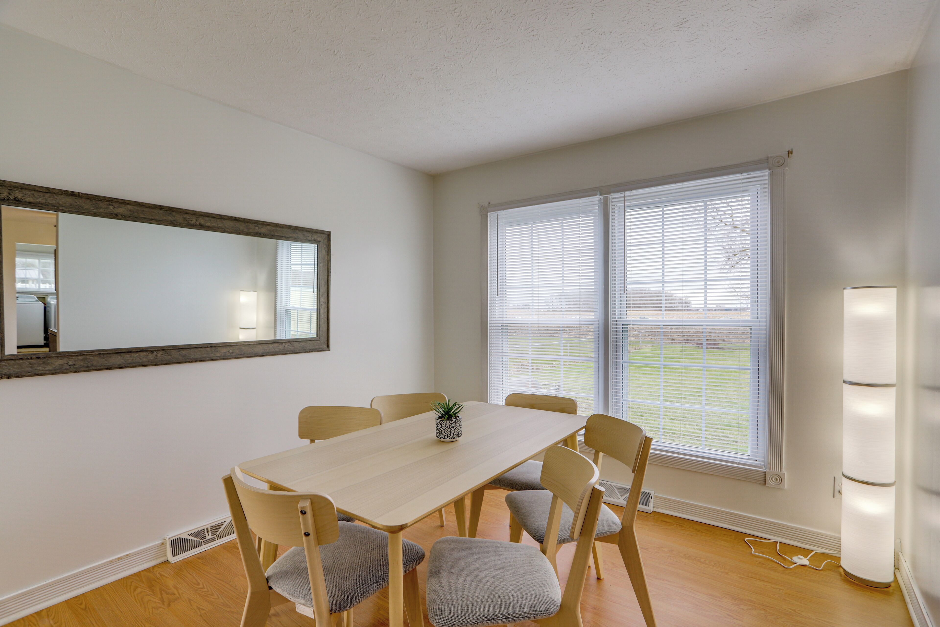 A dining area with a table, chairs, a potted plant, and a window with blinds.