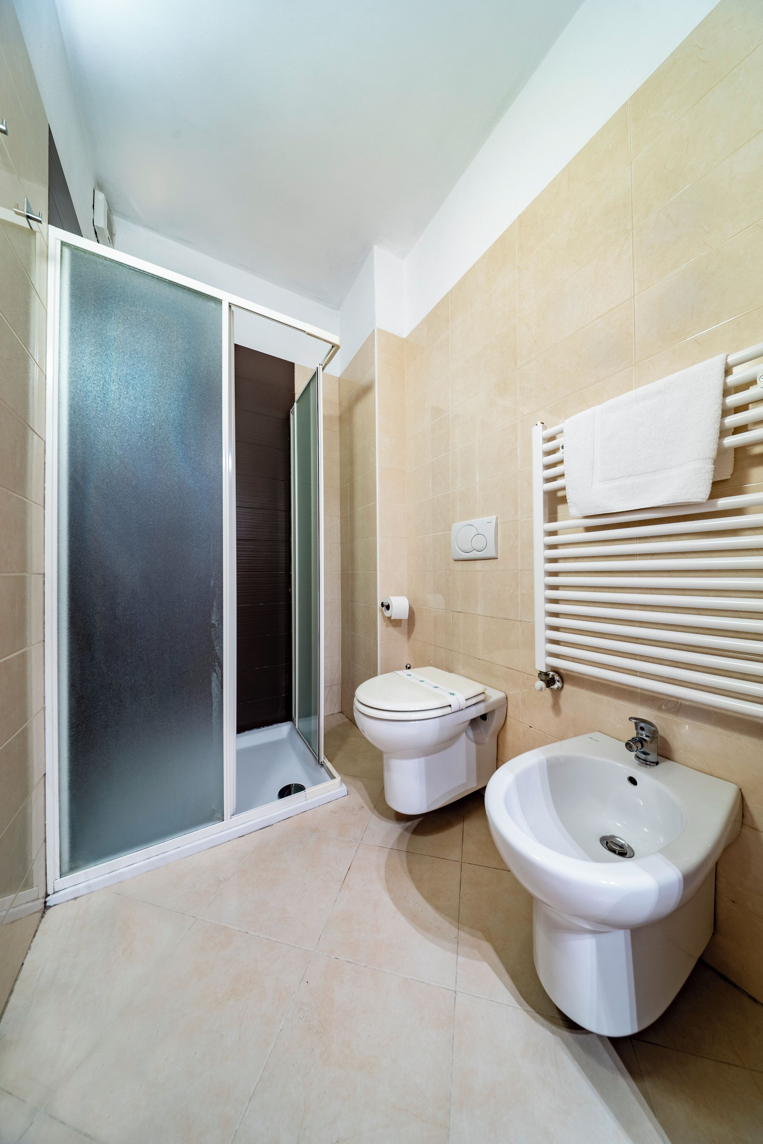 A bathroom with a shower, toilet, bidet, and towel rack.