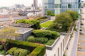 Een dakbostuin met diverse planten en een modern gebouw met grote ramen.