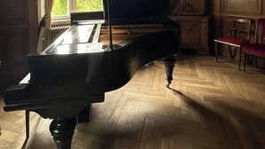 A grand piano in a room with ornate wood paneling, a window with curtains, and a view of greenery outside. - Liselund Ny Slot (Borre)