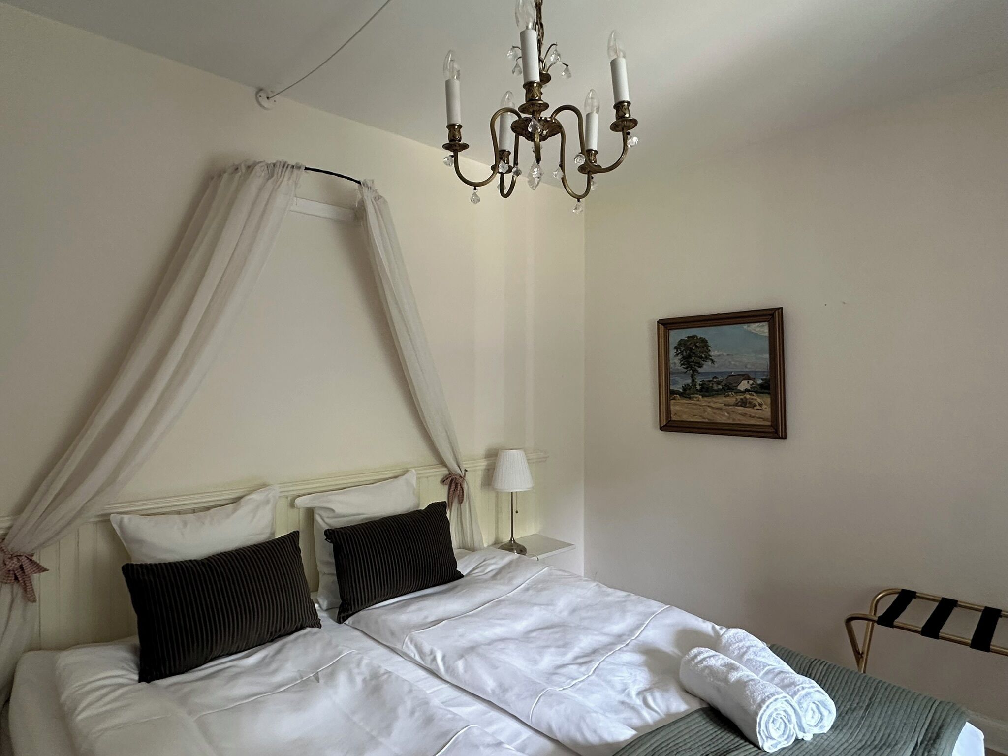 Et soveværelse med himmelseng, lysekrone, et maleri på væggen og et sengebord med lampe.