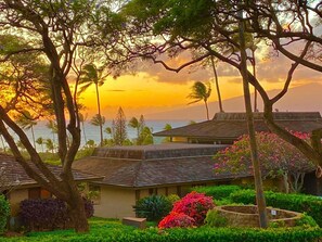 Ein Resort mit mehreren Gebäuden, üppiger Bepflanzung und Blick auf den Ozean bei Sonnenuntergang.