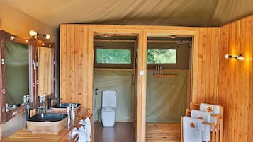 Separate bathtub and shower, free toiletries, slippers, towels