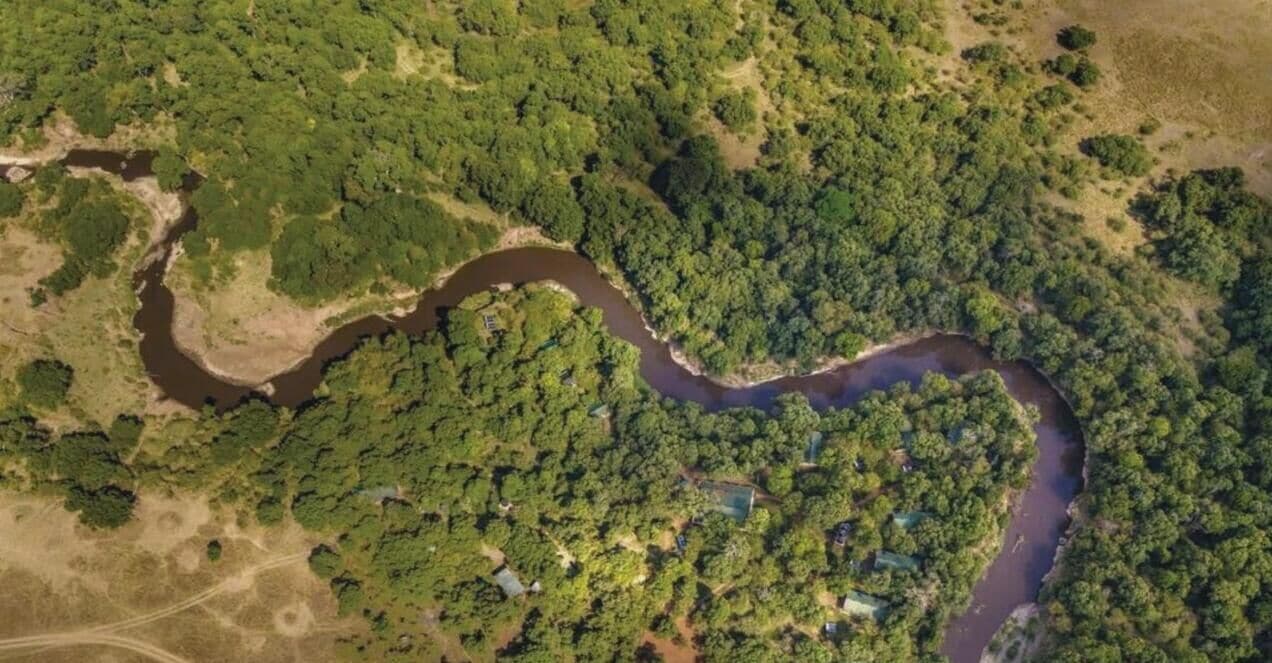 An aerial view of a river winding through a densely forested area with scattered buildings.