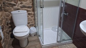 Un baño con pared de piedra, inodoro, cabina de ducha de vidrio y lavamanos.
