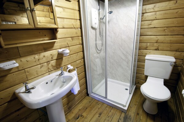Baño de cabaña de madera con ducha envuelta en vidrio, lavamanos e inodoro.