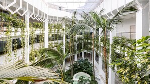 Un atrio a più livelli con una fontana centrale, circondato da vegetazione rigogliosa ed elementi strutturali bianchi.