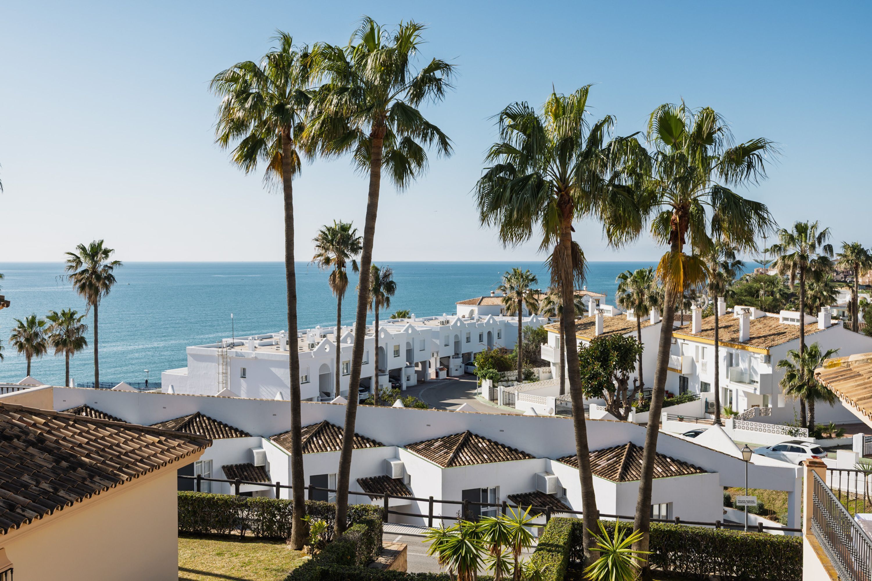 A coastal residential area with white buildings, palm trees, and a view of the sea.