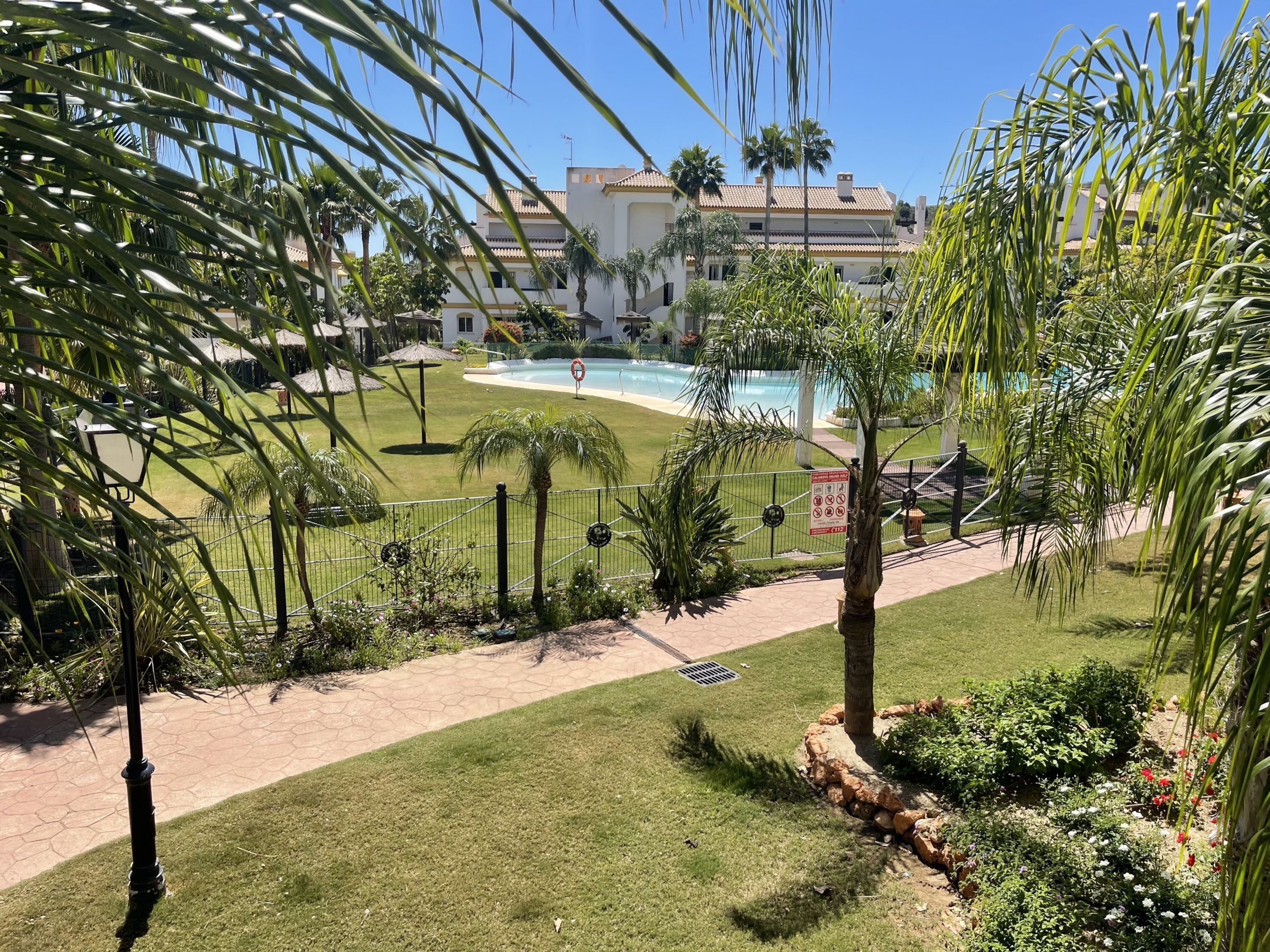 A pool area with a clear view of the surrounding landscape, including a well-maintained lawn, palm trees, and a building with a tiled roof.