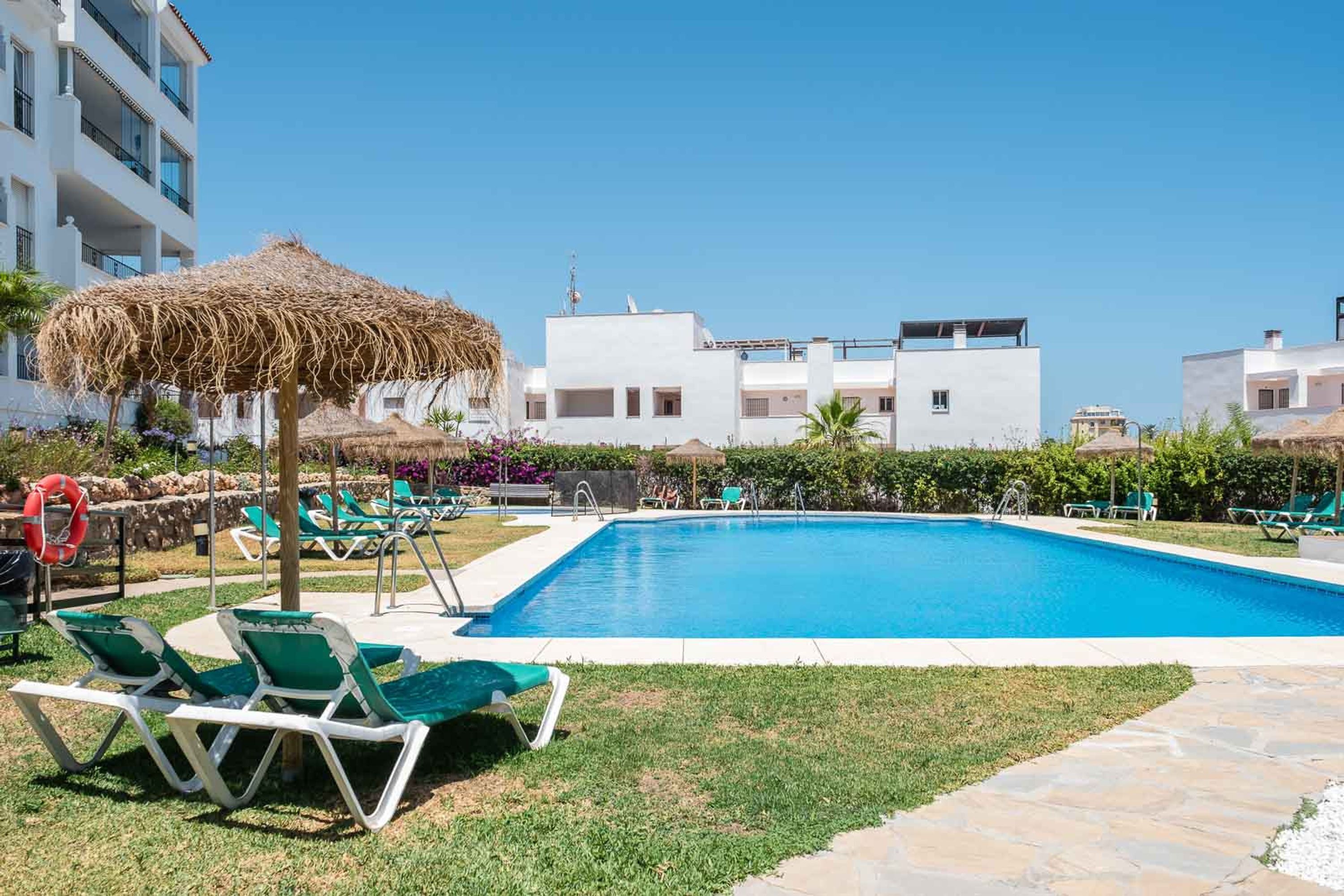 Une piscine avec des chaises longues, un parasol en chaume et des bâtiments modernes en arrière-plan.