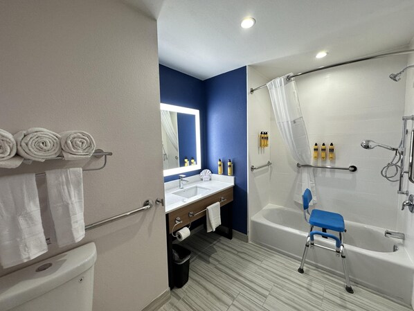 Baño con inodoro, lavamanos, espejo, ducha y asiento de ducha accesible para sillas de ruedas.