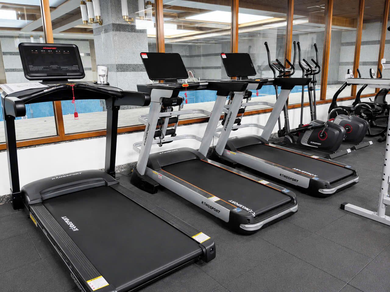 Three treadmills in a gym with a pool view, exercise bikes, and a weight machine.