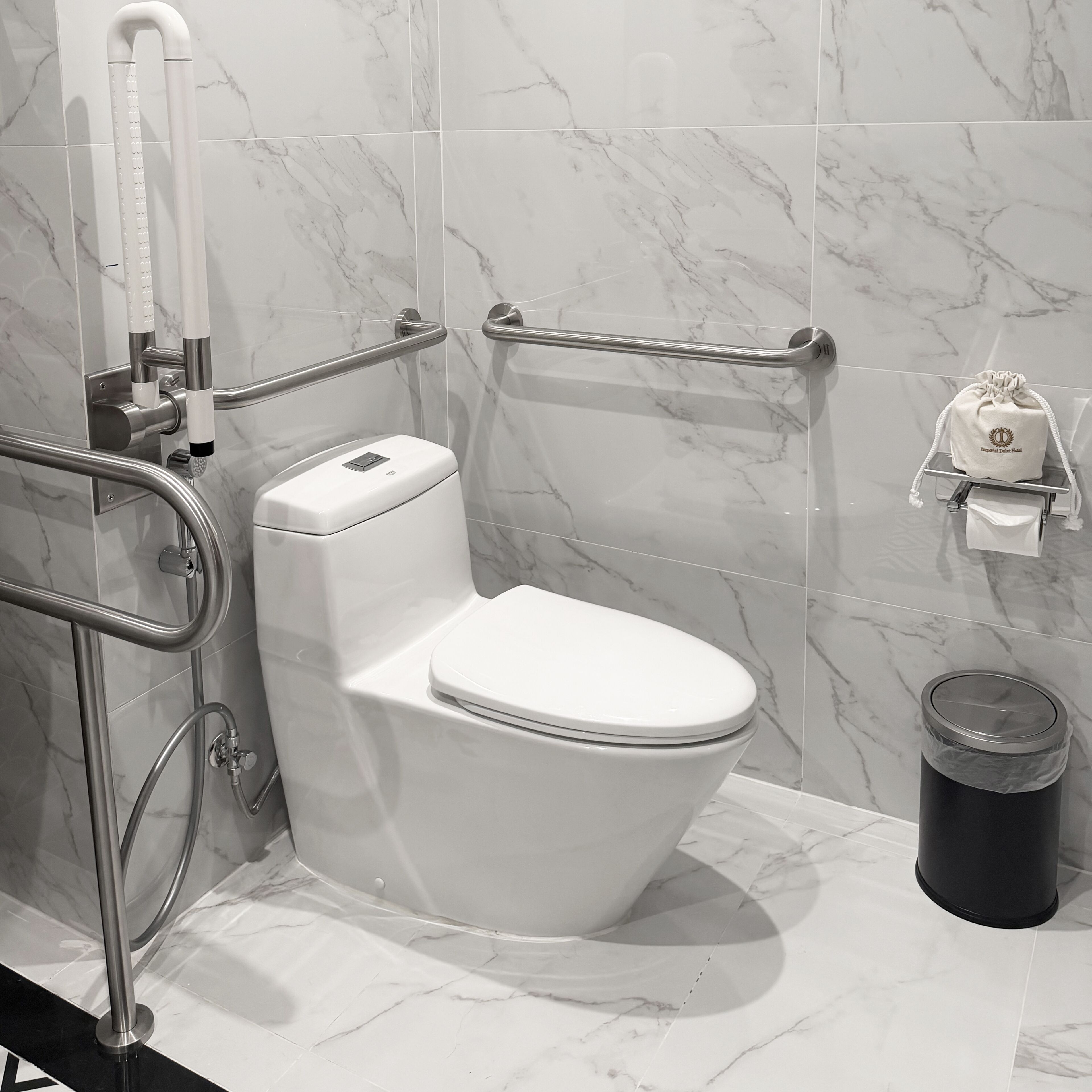 Un baño con inodoro blanco, barras de apoyo, cubo de basura y dispensador de toallas.