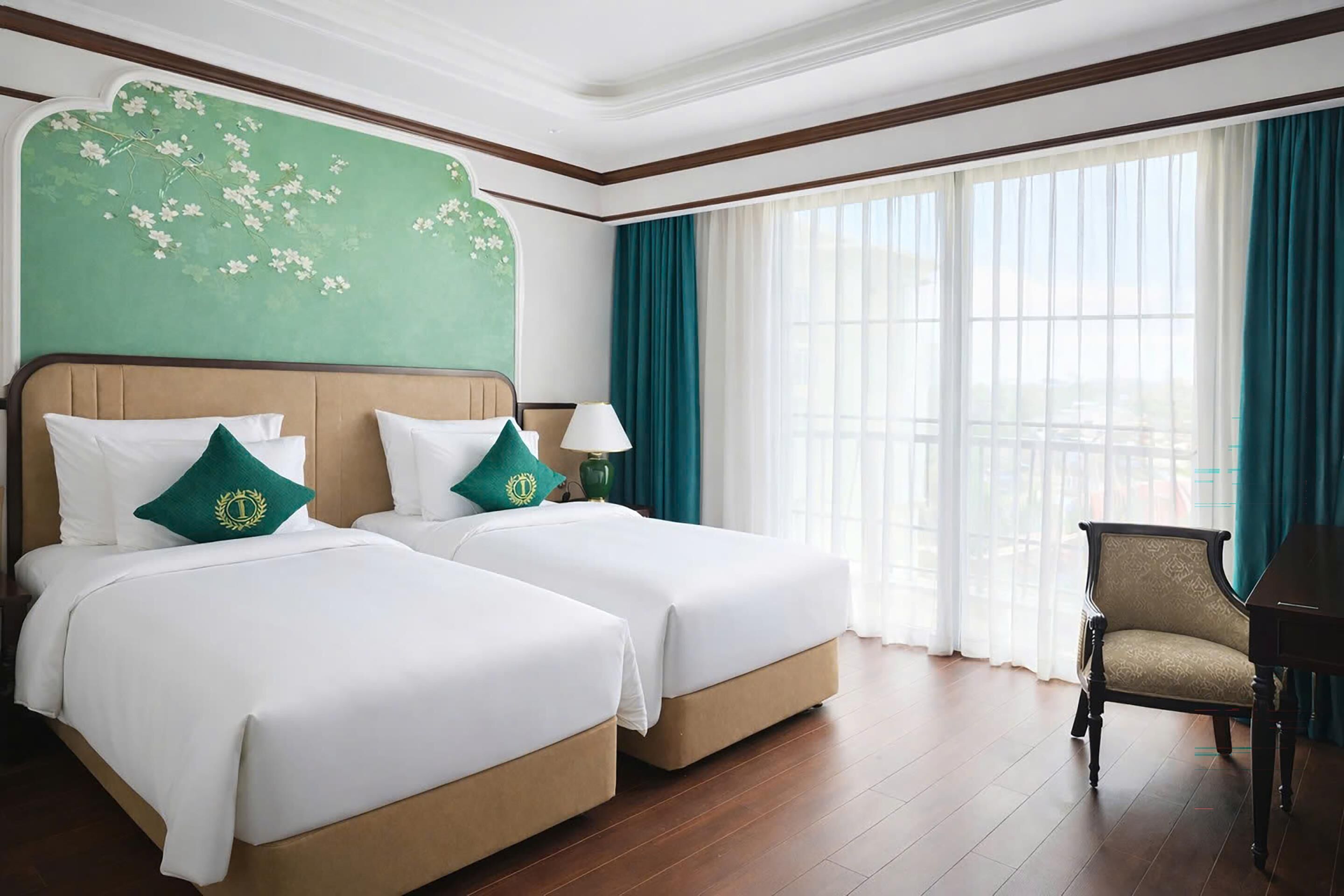 A hotel room with two beds, a chair, a large window with curtains, and a green wall with floral wallpaper.