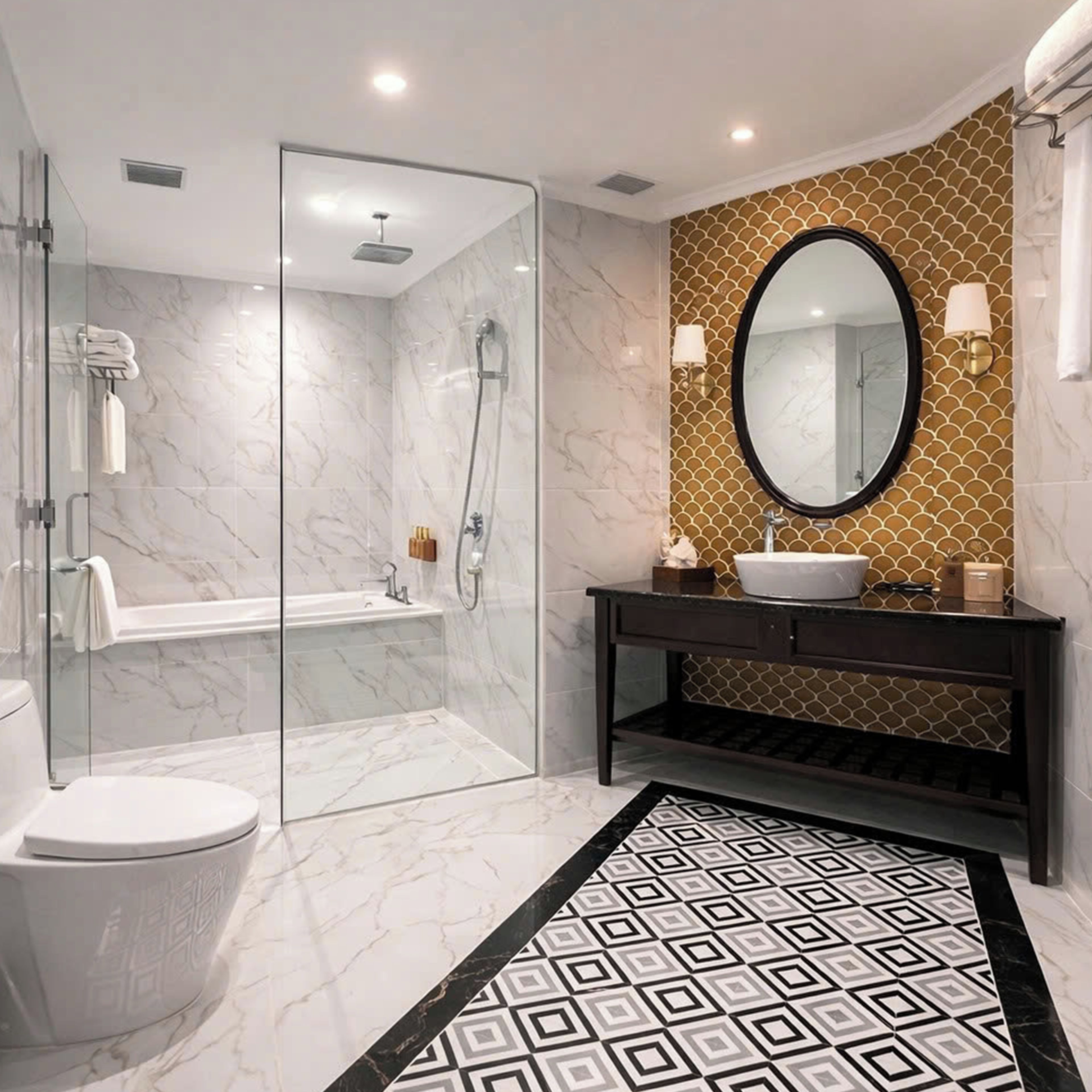 Une salle de bain moderne avec une douche à parois de verre, une baignoire sur pieds, un meuble-lavabo doté d’un grand miroir et un carrelage décoratif.