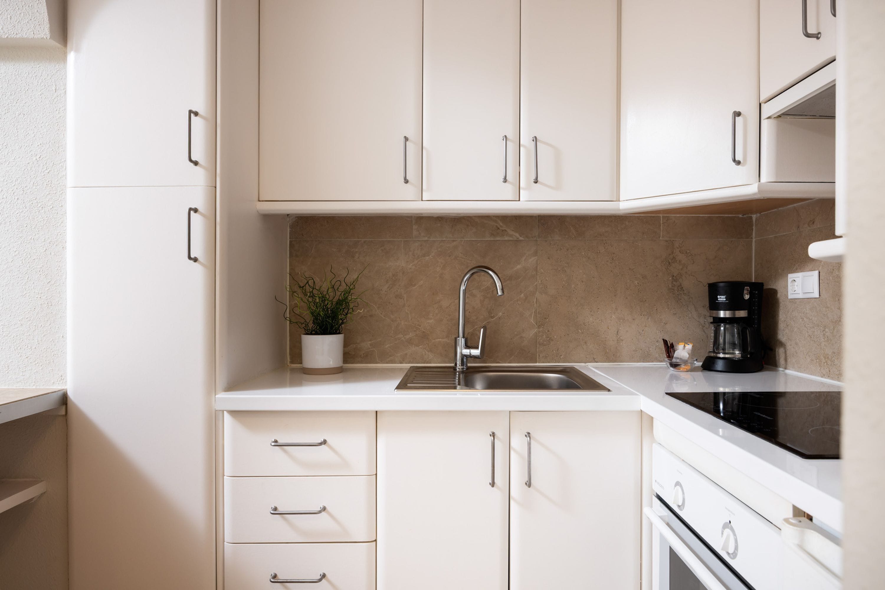A modern kitchen with white cabinets, a stainless steel sink, a coffee maker, and a potted plant.