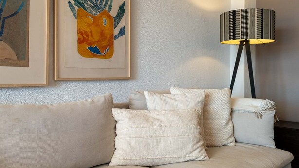 A living room with a sofa, pillows, a floor lamp, and two framed artworks on the wall. - AS MDS 113 in Mijas Costa (Mijas)