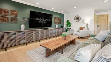 Smart TV, fireplace, foosball, table tennis