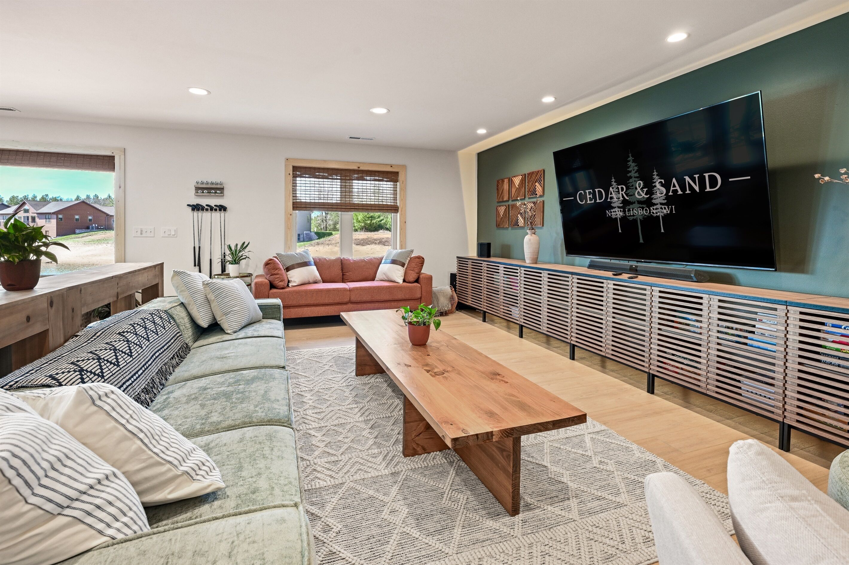 Smart TV, fireplace, foosball, table tennis