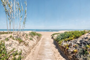 Ein Sandweg am Strand, der zum Meer führt, mit Vegetation zu beiden Seiten.