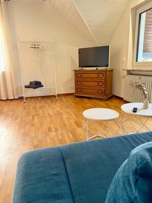 Un salon avec un téléviseur posé sur un meuble en bois, un radiateur blanc et une fenêtre avec des stores.