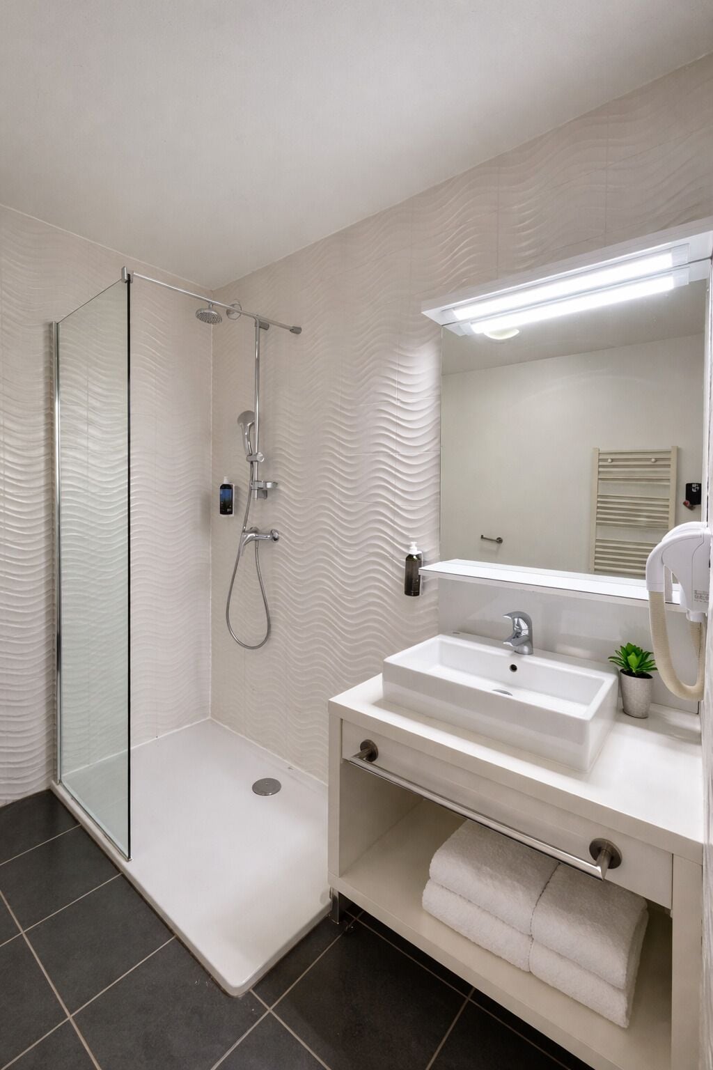 Hair dryer, towels, soap, shampoo