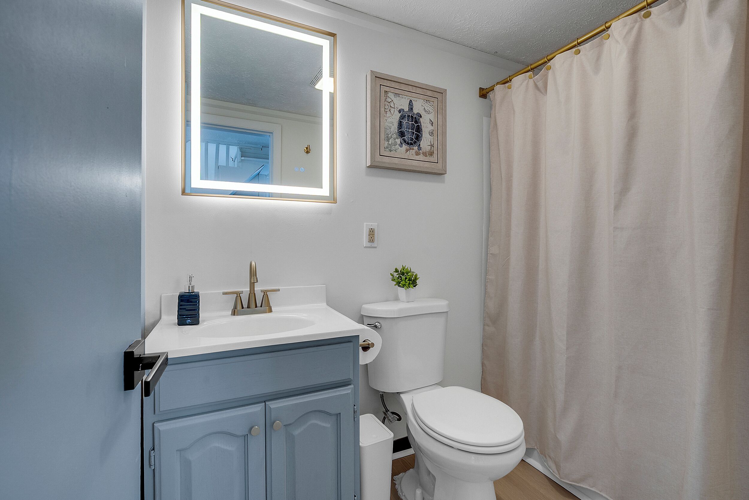 Un bagno con il water bianco, un lavandino con uno specchio sopra e un quadro appeso al muro.