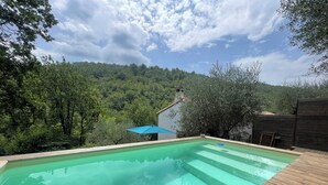 Una piscina con cubierta de madera, rodeada de árboles y una colina al fondo.