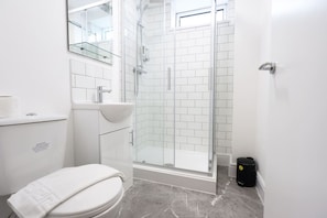 A modern bathroom with a toilet, sink, and glass shower enclosure.