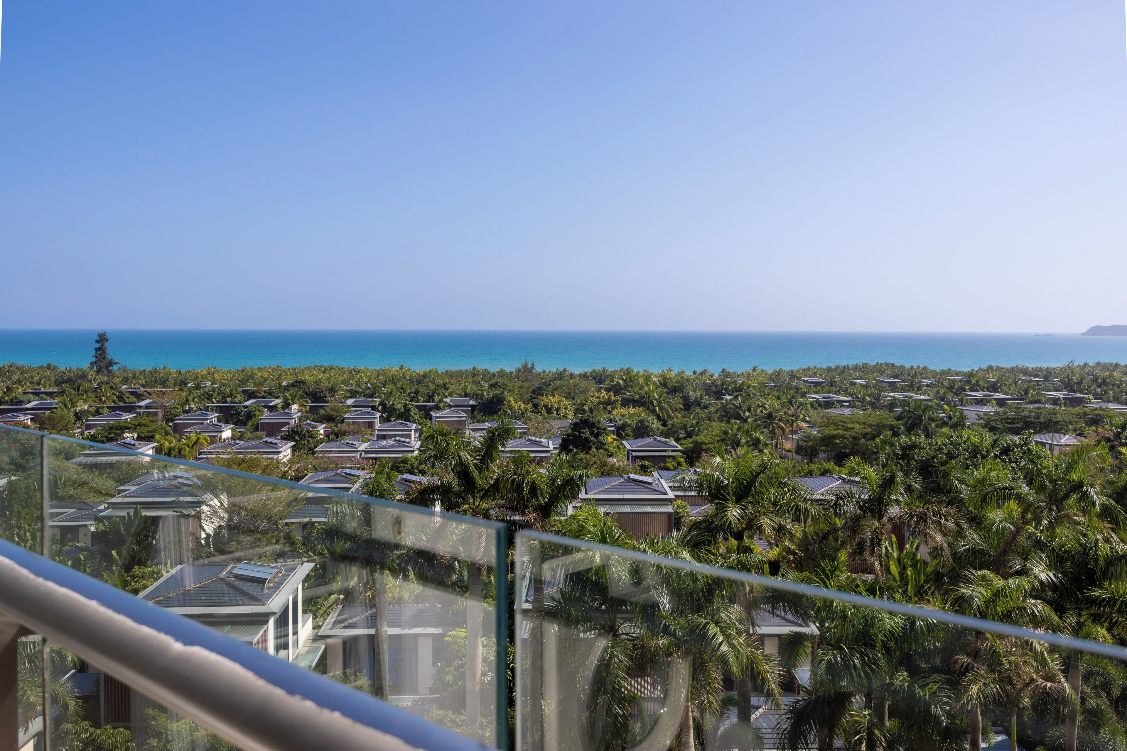 Zona residencial con casas, palmeras y cielo azul despejado.