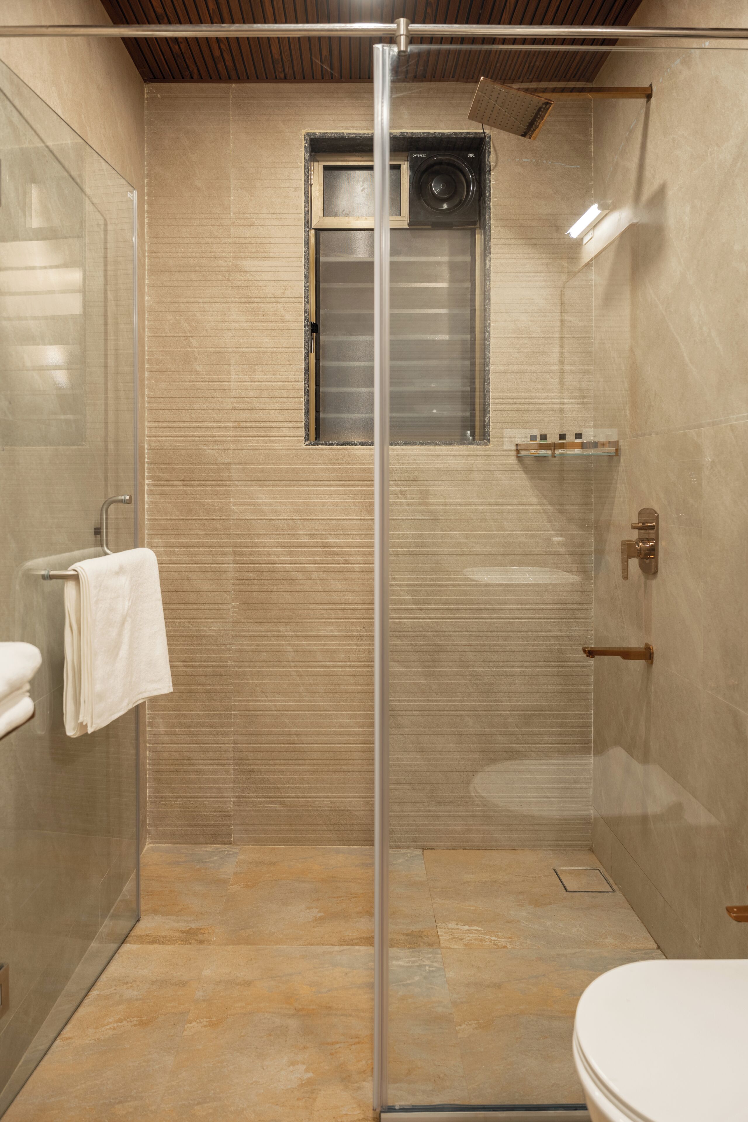 Une salle de bain moderne avec une douche à parois de verre, des toilettes et un porte-serviettes.