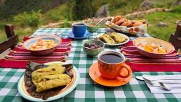 Une table dressée à l’extérieur, avec différents plats, des tasses et une nappe à carreaux.