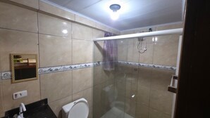 Une salle de bain avec une douche, des toilettes et un miroir.
