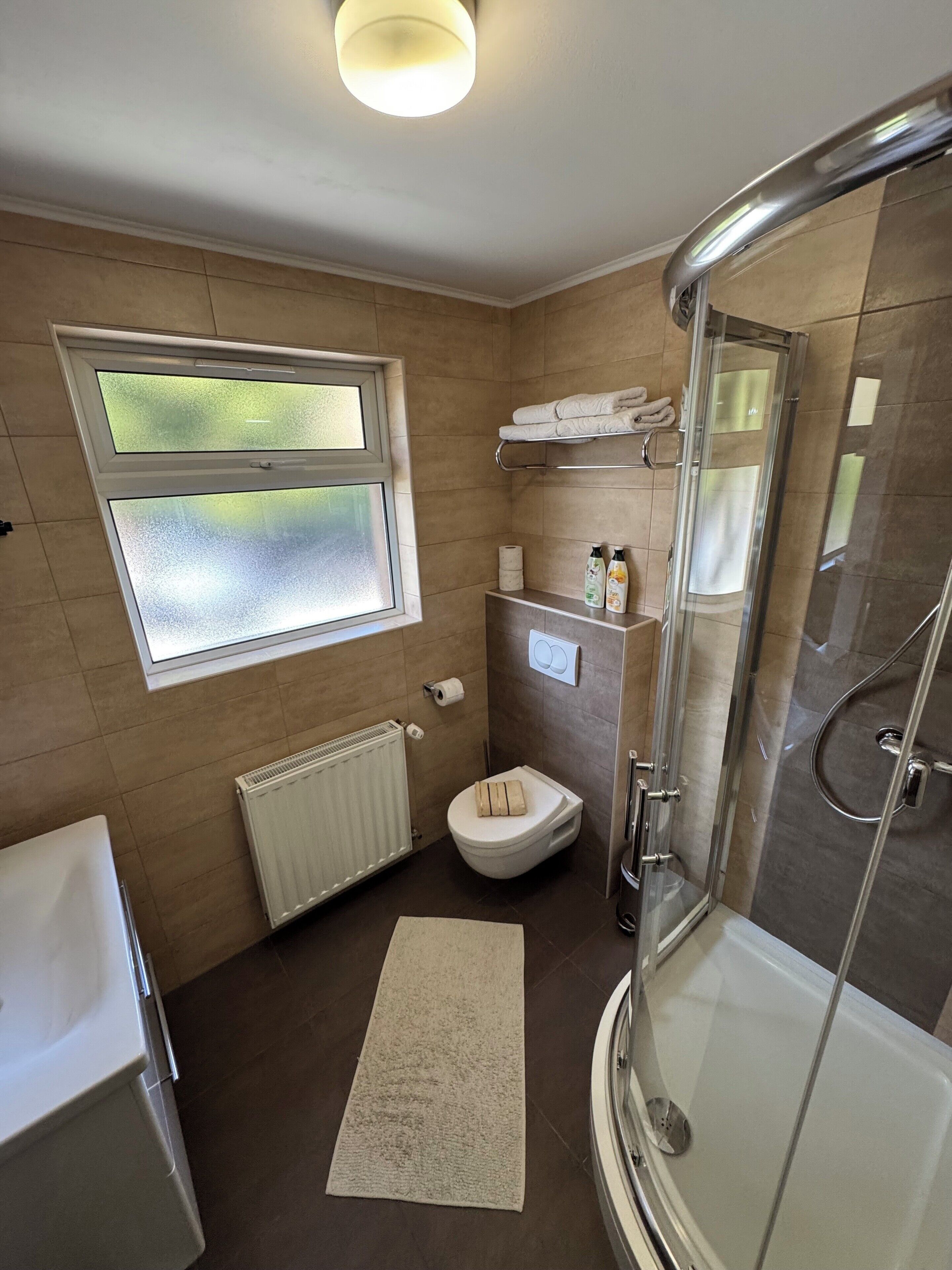 A modern bathroom with a glass shower enclosure, a toilet, a sink, and a window with frosted glass.