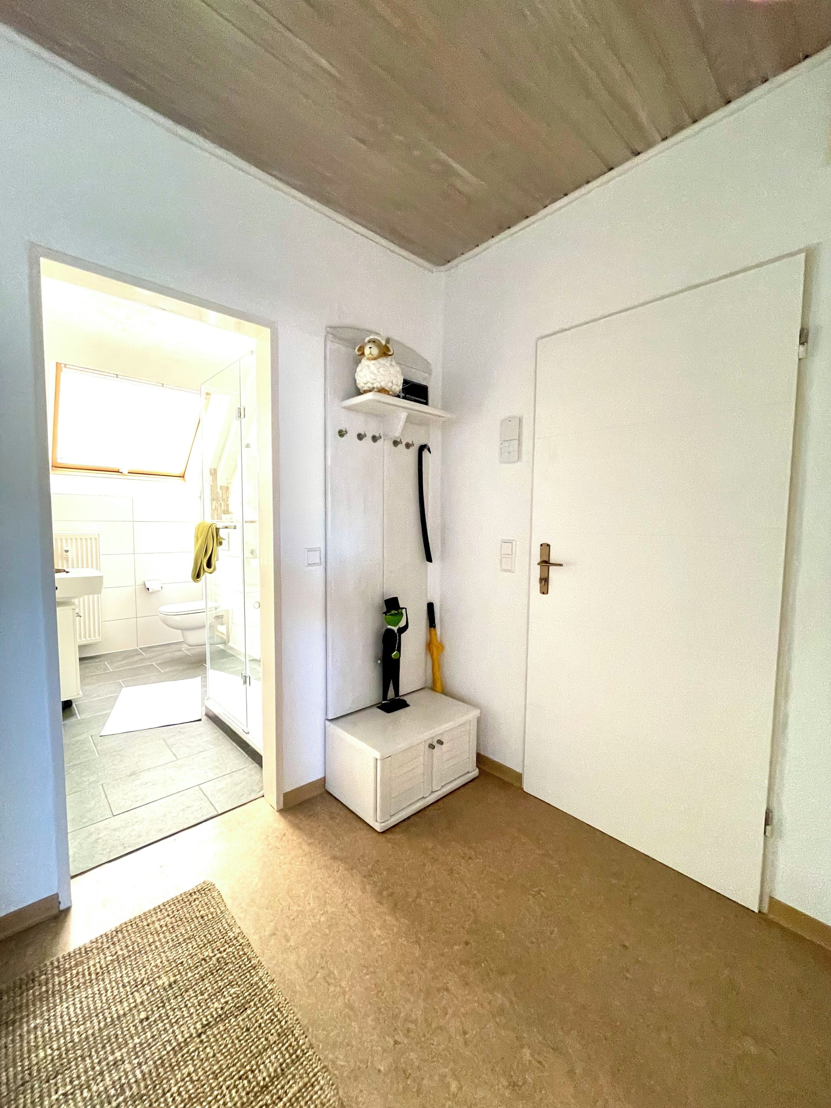 Ein Flur mit einer weißen Tür, einem kleinen weißen Schrank mit Ablagefläche und einer Fußmatte auf dem Boden.