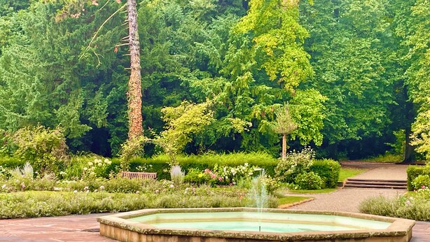 A circular stone fountain surrounded by a garden with various plants and a pathway leading to a bench.