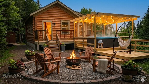 Une cabane en rondins dotée d’une terrasse, d’un espace salon extérieur, d’un foyer et d’un bain à remous.