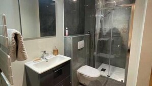 A modern bathroom with a glass shower enclosure, a vanity with a mirror, and a toilet. - Appart ' Hôtel "Pilote" - 4/6 Pers (Niergnies)