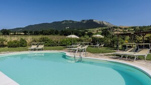 A swimming pool with lounge chairs and umbrellas, surrounded by greenery and a mountain in the background. - A cosy farmhouse surrounded by nature! (Marche)