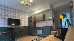 Una sala de estar moderna con un sofá, una mesa de centro y un televisor. Cuenta con una zona de cocina con armarios y un lavamanos.