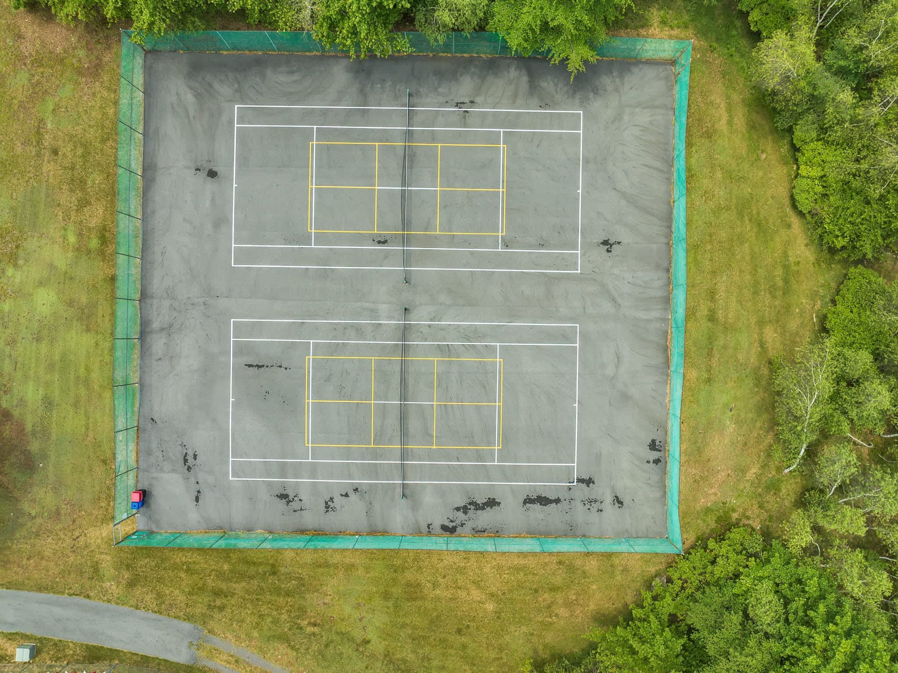 Luchtbeeld van een tennisbaan met twee velden, omringd door groen.