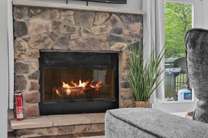 A stone fireplace with a glass door, a fire extinguisher, and a potted plant. - Near Jfbb With Private Hot Tub and Game Room (Albrightsville)