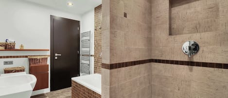 Douche, séchoir à cheveux, serviettes fournies, shampooing